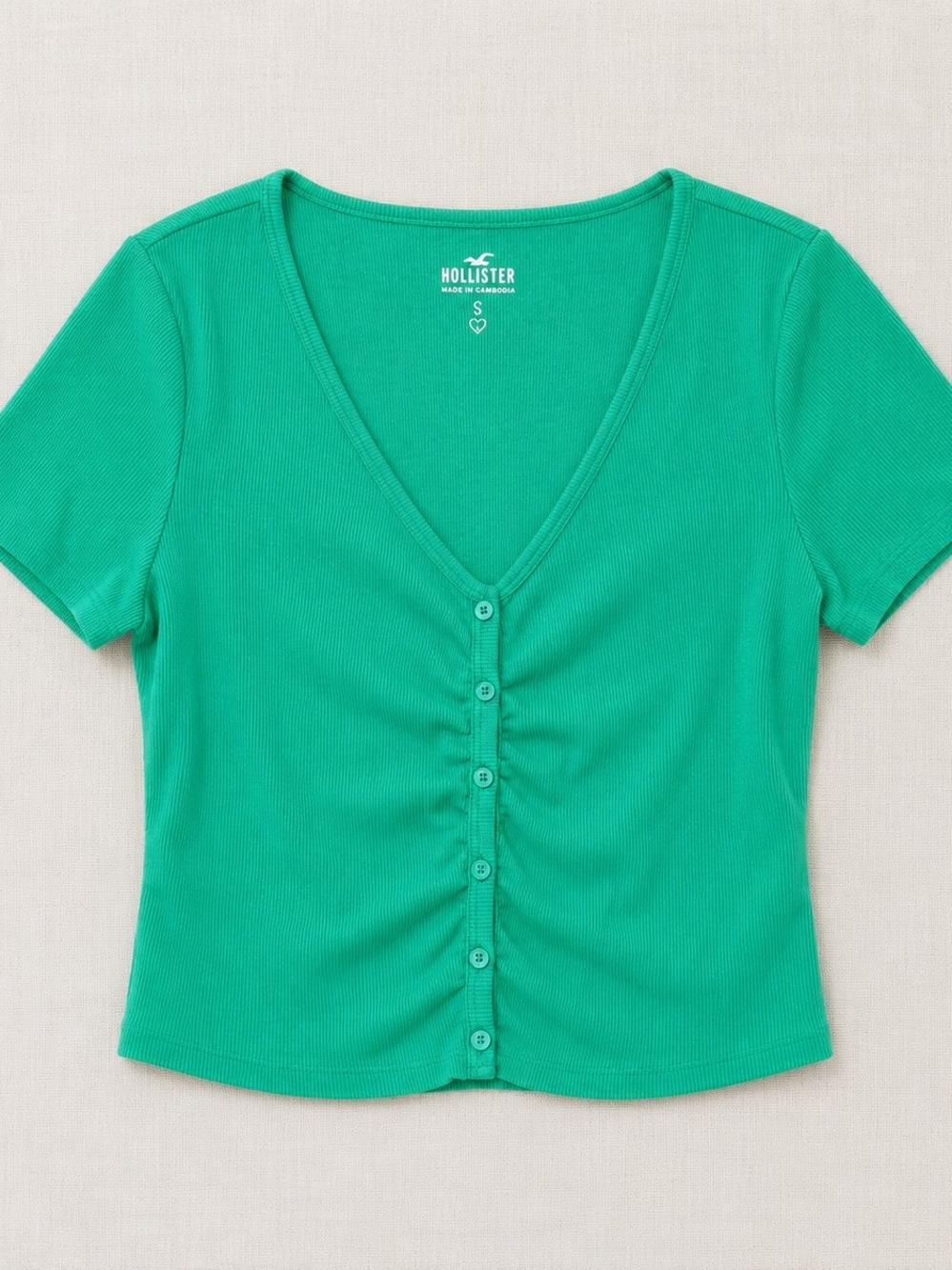 Hollister Green Ribbed Ruched Button Front V-Neck Top Women’s L